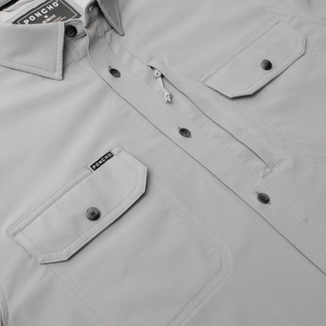 flyover photo of the gray tuff-thread shirt chest