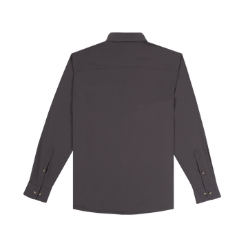 The Lug Nut dark gray long-sleeve shirt shown from the back with buttoned cuffs and a classic collar.