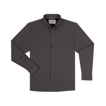 The Lug Nut long-sleeve shirt in dark gray with button-down front and chest pocket, laid flat.