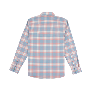 The Madaket shirt in soft blue and pink plaid pattern, perfect for relaxed outdoors style.