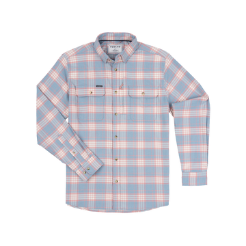 The Madaket shirt in a soft blue and peach plaid pattern with button-down collar and chest pockets.