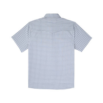 Back of blue plaid pearl snap shirt