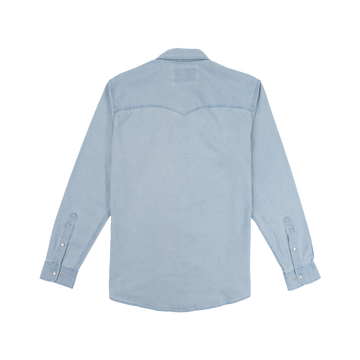 The Marfa light blue long-sleeve shirt laid flat showing back details and buttoned cuffs