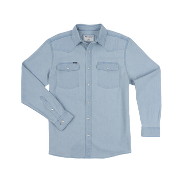 Light blue long sleeve button-up shirt with chest pockets called The Marfa from Poncho Outdoors