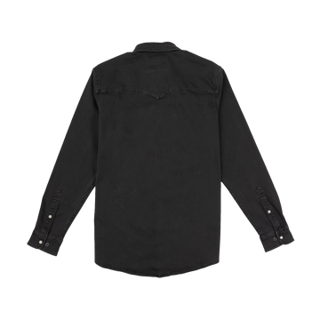 The Matamoros black long-sleeve shirt laid flat showing the back with buttoned cuffs and yoke detailing