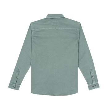 Back view of The Mentone shirt in muted green with long sleeves and buttoned cuffs.