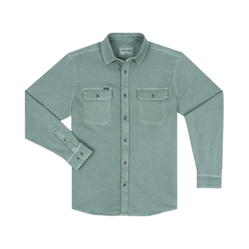 The Mentone long-sleeve shirt in muted green with button closures and dual chest pockets for outdoors use
