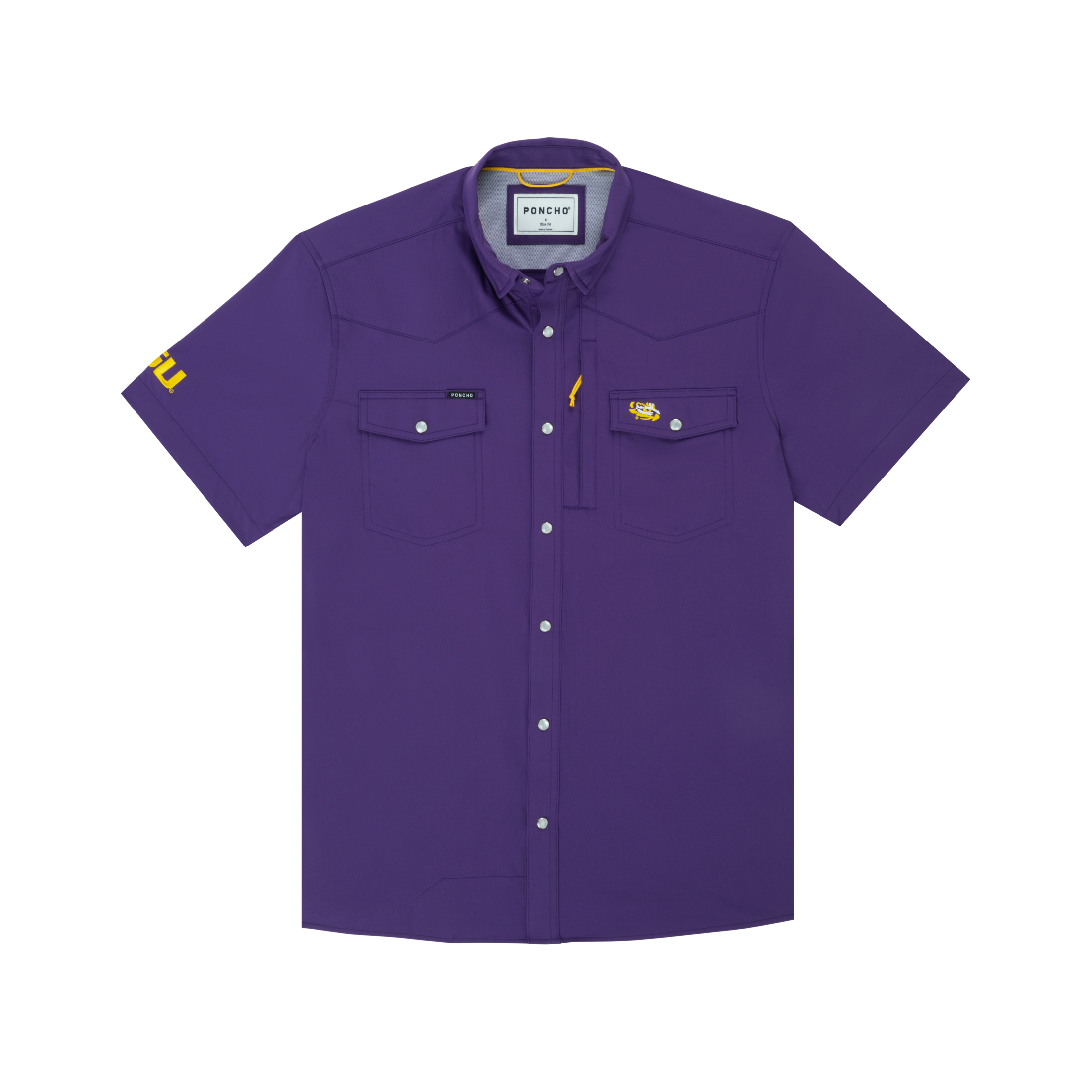 Poncho Men's Western Pearl Snap Shirt | Purple LSU Logo | Short Sleeve XL Regular