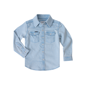 Product flat lay of light wash kids denim