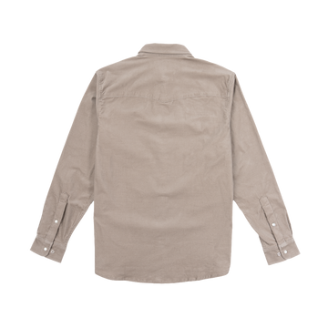 Back view of The Mouflon beige shirt with long sleeves and buttoned cuffs laid flat on white background