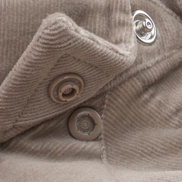 Close-up of textured fabric and snap buttons on The Mouflon shirt in earth tones