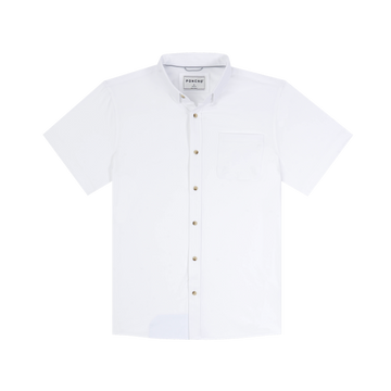 The Mountain Goat white short sleeve button up shirt with mandarin collar and chest pocket