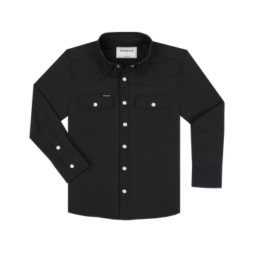 Black button-up shirt with front pockets called The Newt