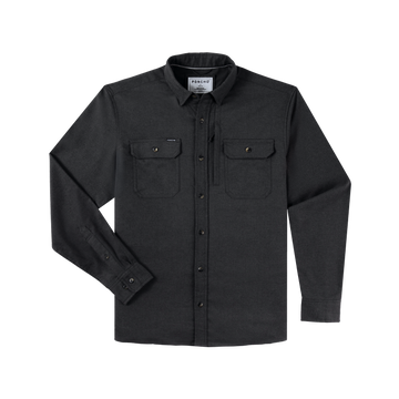 The Nighthawk black button-up shirt with chest pockets, perfect for outdoors and layering.