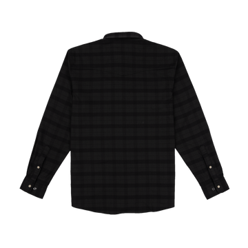 Back view of The North Rim shirt in dark plaid pattern with long sleeves and buttoned cuffs.