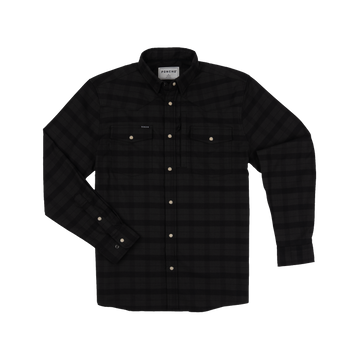 The North Rim black checkered button-up shirt with long sleeves and front pockets from Poncho Outdoors.