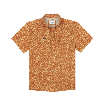 The Occupy Left Field short-sleeve shirt with a rust orange floral pattern and button-up front.