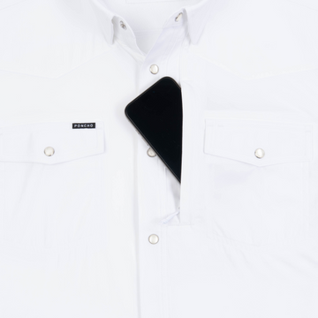 Phone in chest zipper pocket of shirt