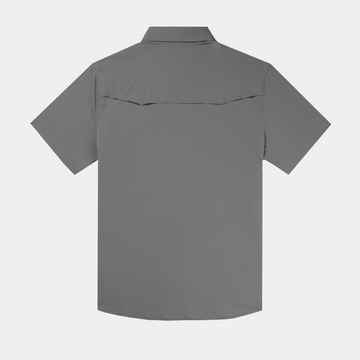 back flat lay of dark grey short sleeve fishing shirt