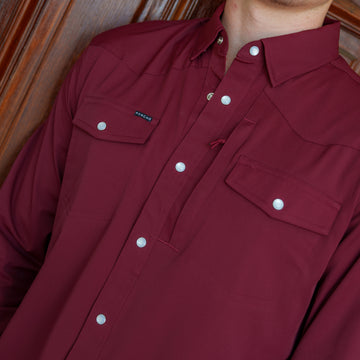 The Over the Shoulder burgundy shirt with snap buttons and chest pockets