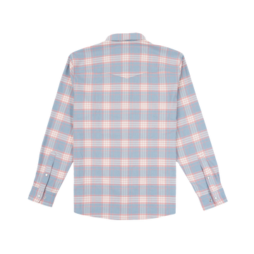 Back view of The Pacific City shirt in a soft blue and pink plaid pattern with buttoned cuffs and collar.
