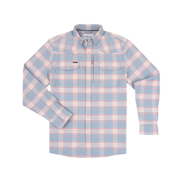 Light blue and pink plaid button-up shirt called The Pacific City with chest pockets and long sleeves