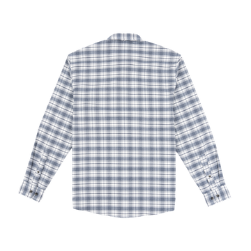 The Pagosa blue and white plaid shirt shown from the back, designed for comfortable outdoor wear.