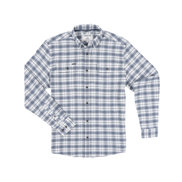 The Pagosa shirt in a blue and white plaid pattern, designed for outdoor comfort and style.