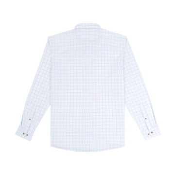 The Panga white long sleeve shirt with a subtle blue grid pattern and button cuffs