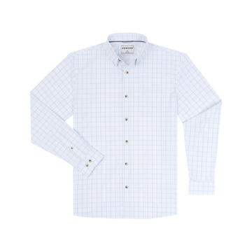 The Panga white button-up shirt with a light blue grid pattern and long sleeves