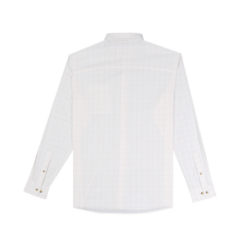 The Pascagoula white plaid long sleeve shirt with button cuffs, shown from the back