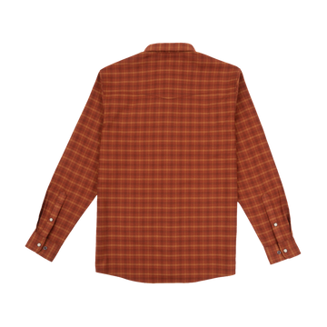 The Pitstop long-sleeve shirt in a warm orange plaid pattern, designed for comfortable outdoor wear.