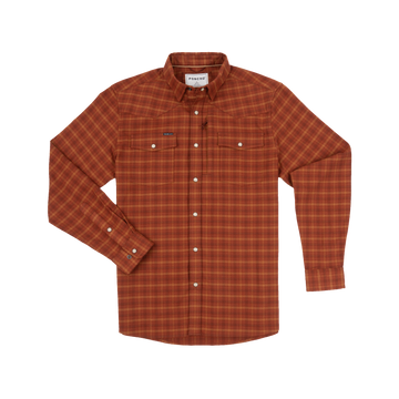 The Pitstop orange plaid shirt with long sleeves and button-up front for outdoors style and comfort