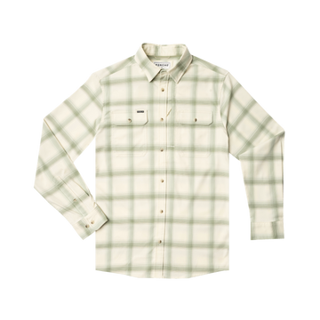 The Pueblo shirt in soft cream and sage green plaid with button-up front and dual chest pockets.