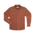The Red Bud shirt in a warm brown tone with buttoned pockets and button-down collar, perfect for outdoors.