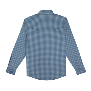 back of long sleeve slate blue check shirt