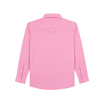 The Roughneck pink men's outdoor shirt shown from the back with long sleeves, collar, and curved yoke stitching