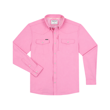 The Roughneck pink men's outdoor shirt with long sleeves, collared design, button front, and dual chest pockets