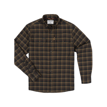 The Rusty Saw brown plaid button-up shirt with long sleeves