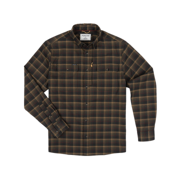 The Rusty Saw plaid long sleeve shirt in earthy brown and black tones