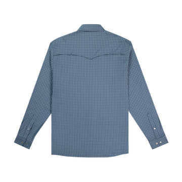 back of slate blue check long sleeve shirt