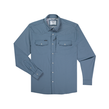 product photo front of slate blue check long sleeve shirt