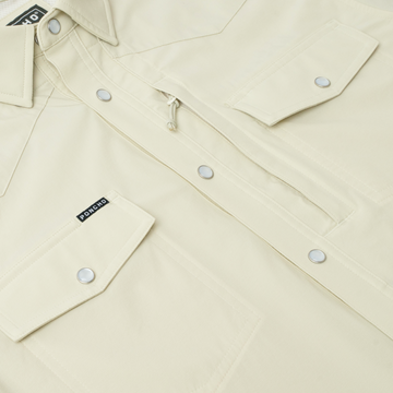 detail photo of tan tuff-thread shirt