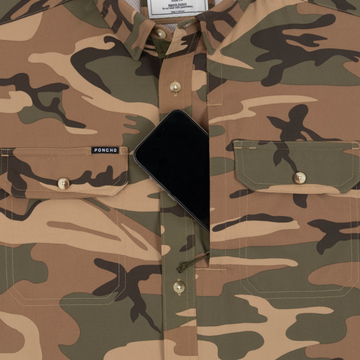 Phone in chest zipper pocket of shirt