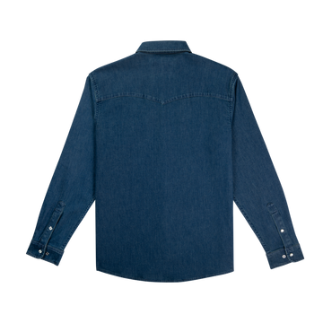 back of dark blue denim shirt