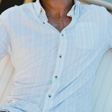 The Seagrove Beach light plaid outdoor shirt worn relaxed