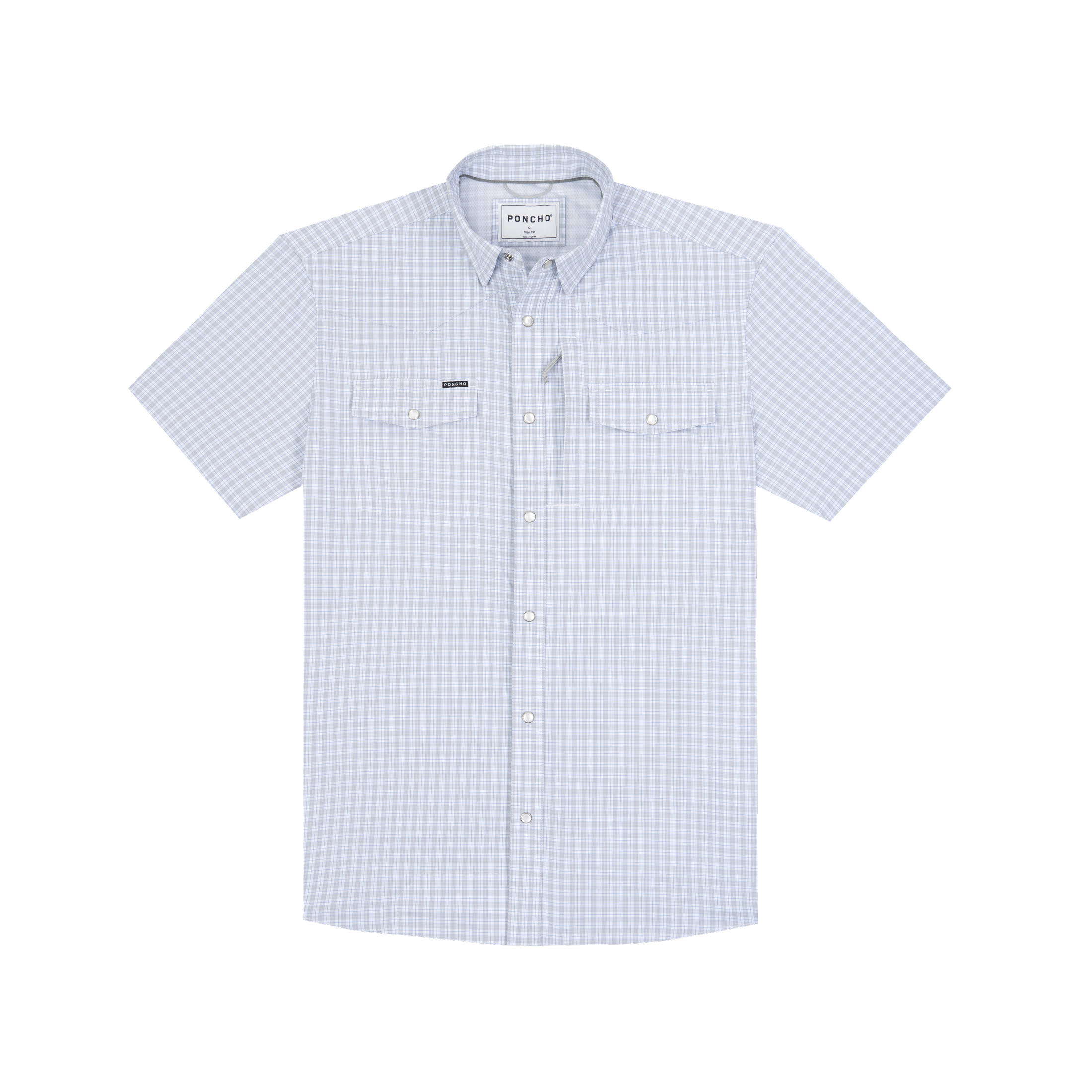 Poncho Men's Western Pearl Snap Shirt | Grey and Blue Plaid | Short Sleeve XXL Regular