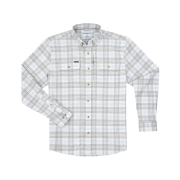 The Snowcat men's outdoor shirt in light gray plaid with long sleeves button front and chest pockets
