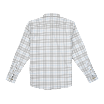 The Snowcat men's outdoor shirt in light gray and blue plaid with long sleeves and western styling