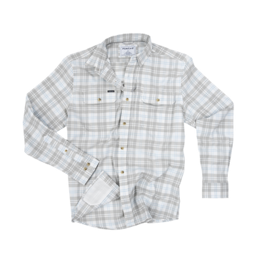 The Snowcat men's light gray plaid western pearl snap shirt with chest pockets for outdoor wear
